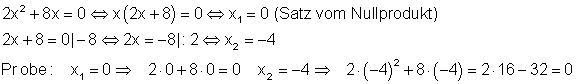 beispiel_2: Lösung der quadratischen Gleichung durch Ausklammern der Variablen x und Anwendung des Satzs vom Nullprodukt.